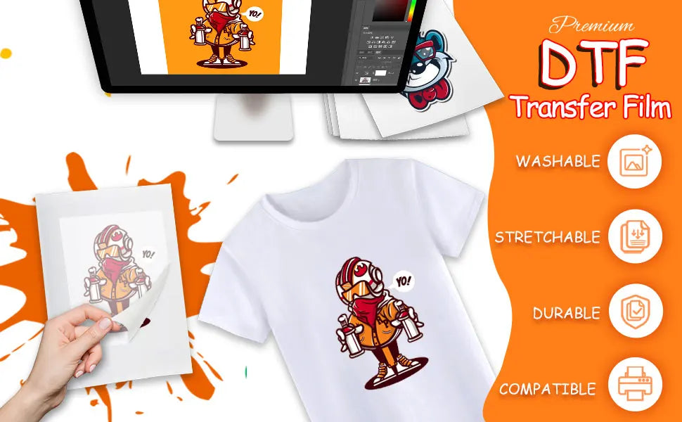 A white t-shirt featuring a red and yellow graphic, displayed next to DTF transfer film sheets and a computer screen.