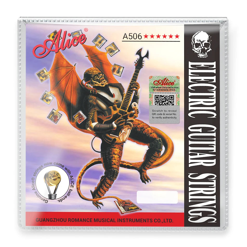 Packaging for Alice A506 electric guitar strings featuring a bat-like figure and guitar imagery.