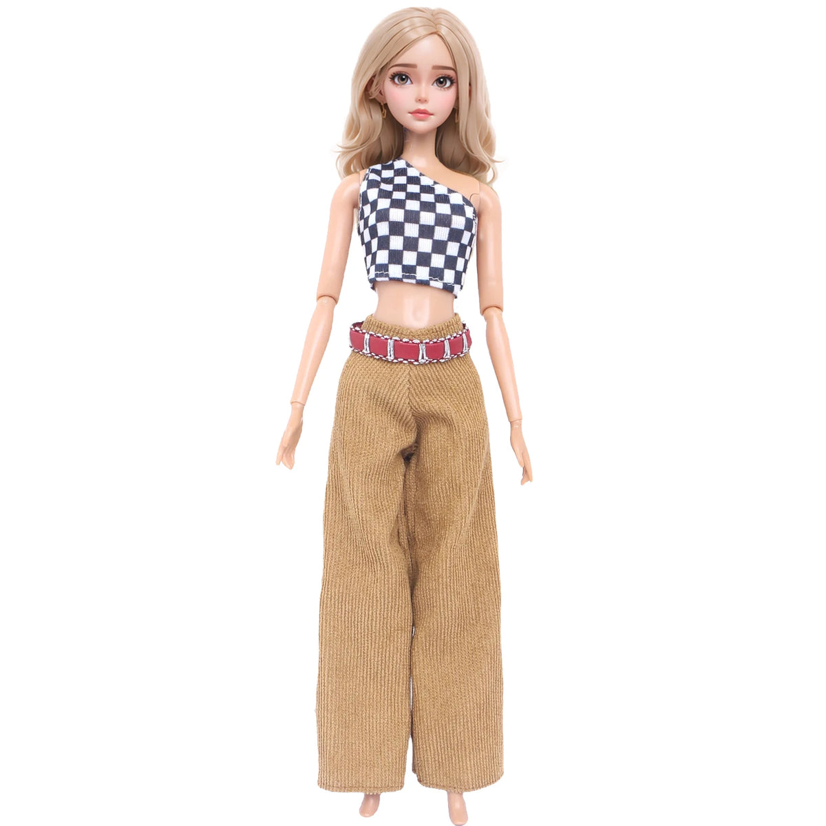 A fashion doll wearing a checkered crop top and loose brown pants with a patterned belt.