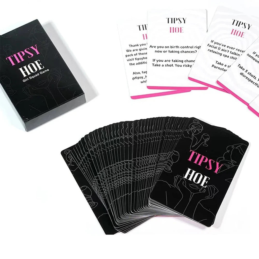 A stack of tipsy hoe cards featuring humorous drinking advice and sayings for a girls night game