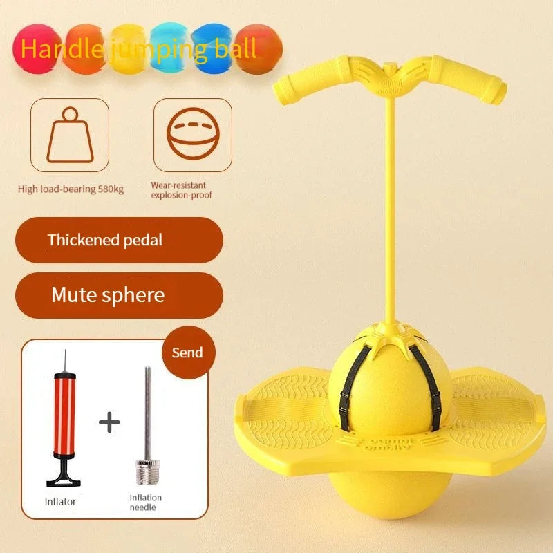 Yellow bouncing ball trainer with a handle, showing components like an inflator and needle.
