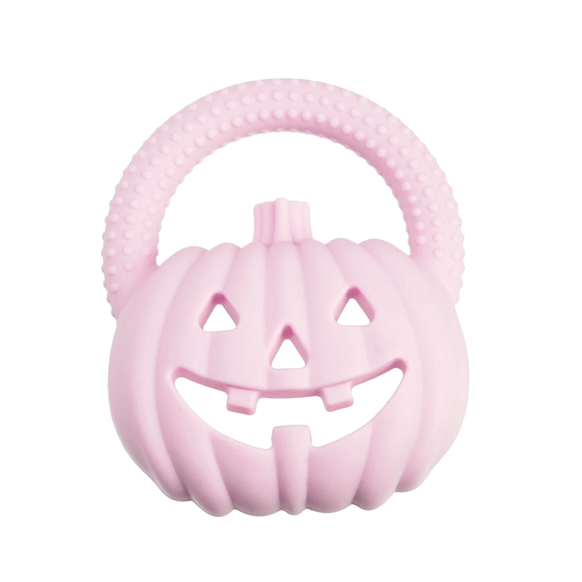 A pink silicone pumpkin baby teether with a textured handle and carved face for soothing relief.