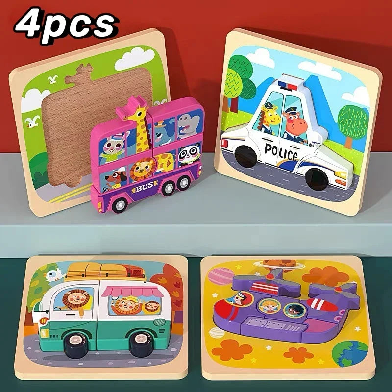 3D Wooden Tangram Puzzle Set for Kids – Cartoon Animals & Traffic Themes