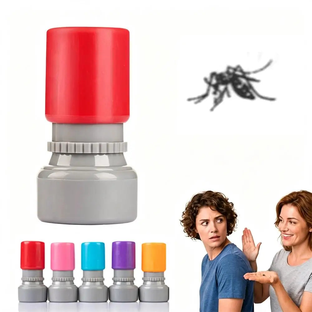 A red and gray mosquito prank stamp with various colored stamps shown next to two women.