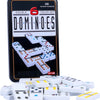 A black box of Double Six Dominoes tiles with white domino pieces scattered in front of it.
