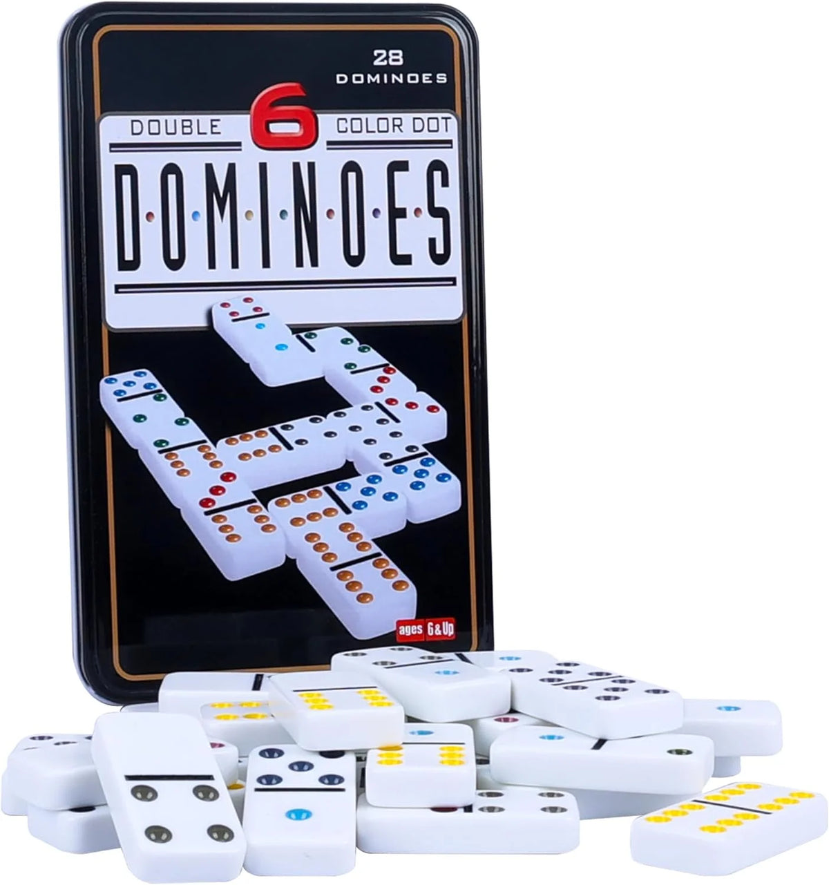A black box of Double Six Dominoes tiles with white domino pieces scattered in front of it.