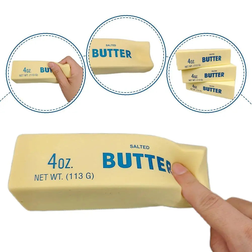 A yellow butter stick fidget toy is shown in various packaging and usage contexts.