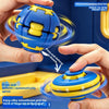 A hand holds a blue and yellow silicone fidget ball designed to press and rotate for stress relief.