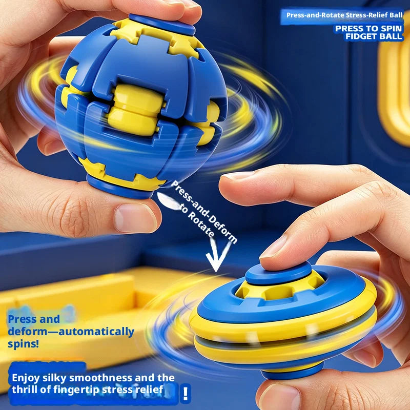 A hand holds a blue and yellow silicone fidget ball designed to press and rotate for stress relief.