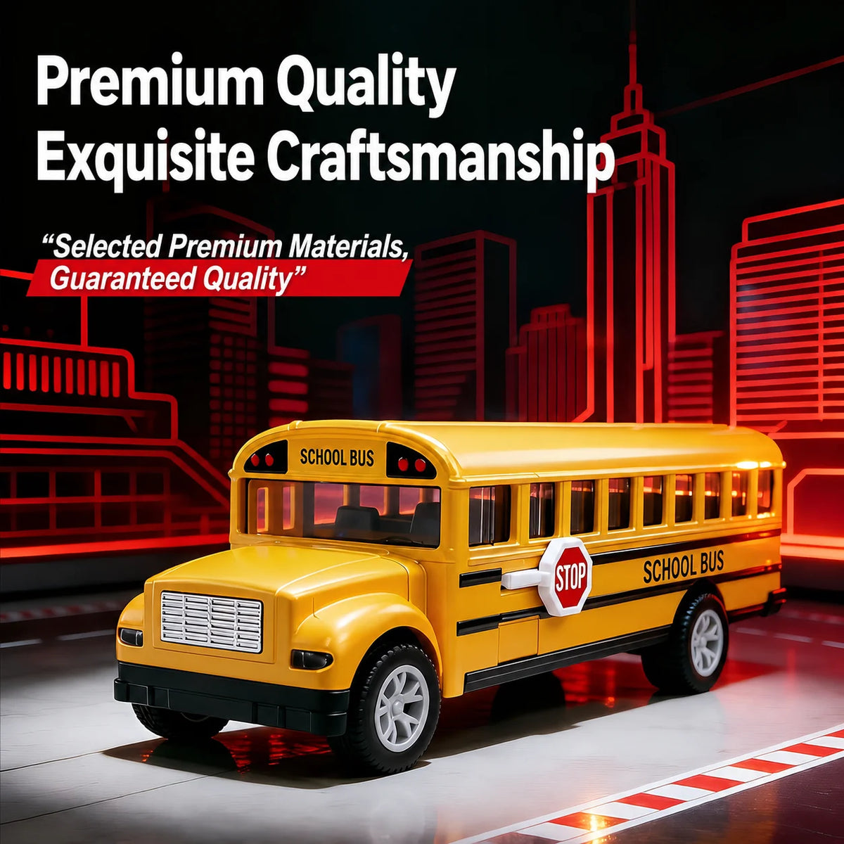 A yellow die-cast school bus with pull-back action displayed on a glossy surface.