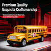A yellow die-cast school bus with pull-back action displayed on a glossy surface.