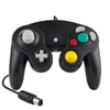 A black wired game controller for the Nintendo GameCube console.