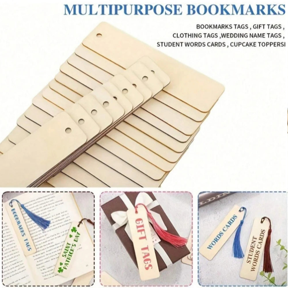 A set of ten wooden blank bookmarks with tassels arranged on a light-colored paper background.