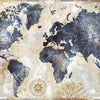 Vintage-style map of the world on aged paper with faded blue and gray tones
