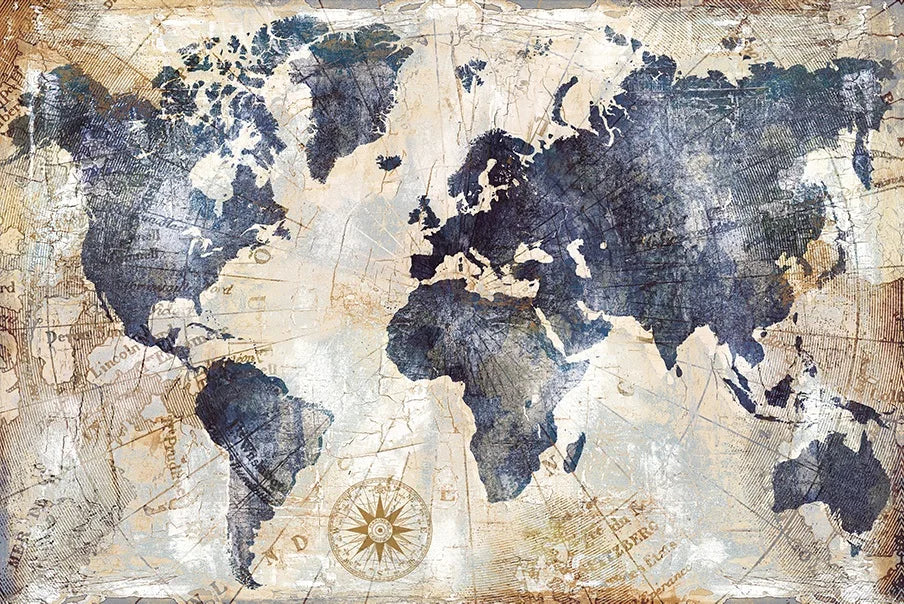 Vintage-style map of the world on aged paper with faded blue and gray tones