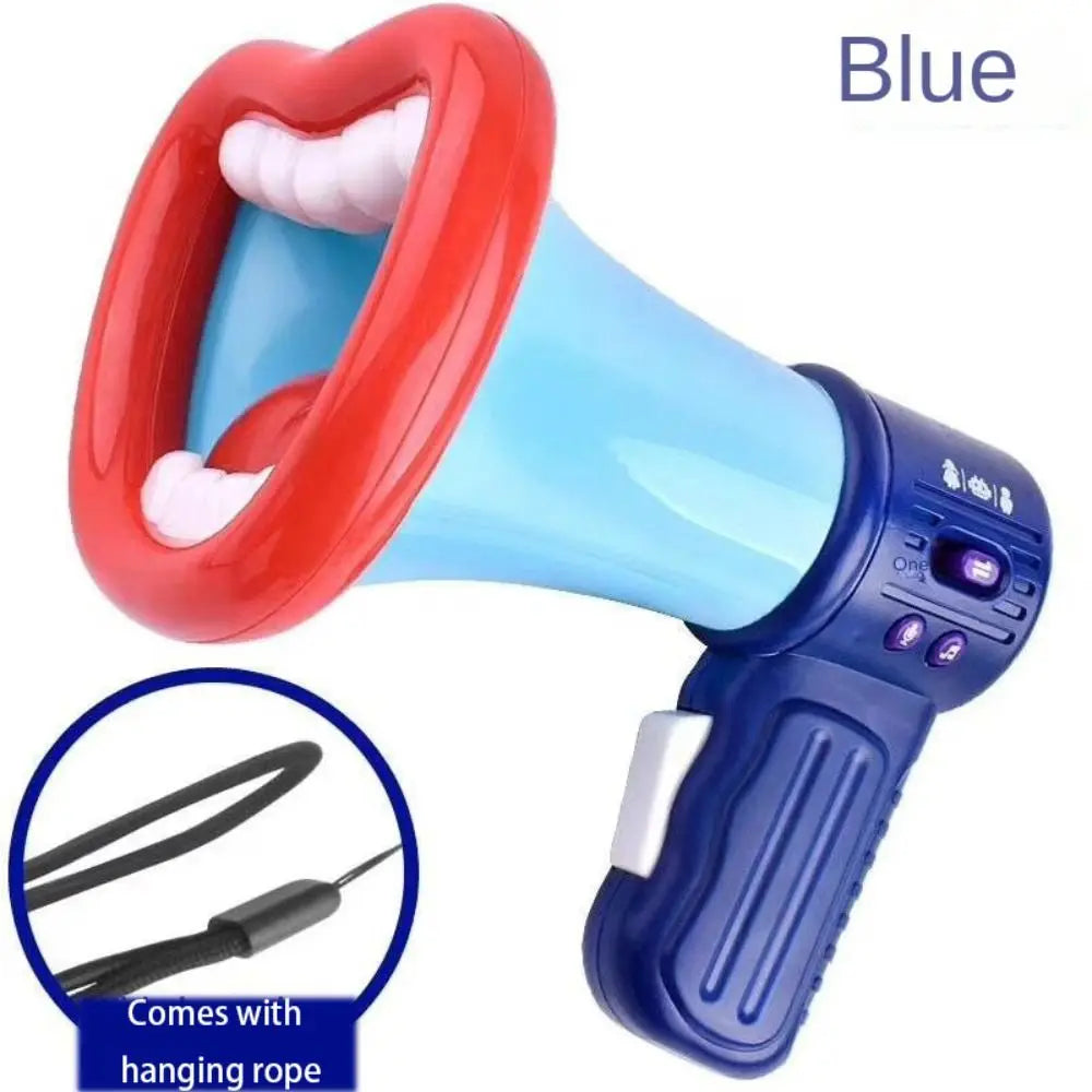 A blue megaphone toy with a red handle and a hanging rope accessory.
