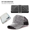 Black flatback rhinestone embellishment for nail art and crafts, shown alongside a studded baseball cap and a glittery phone 