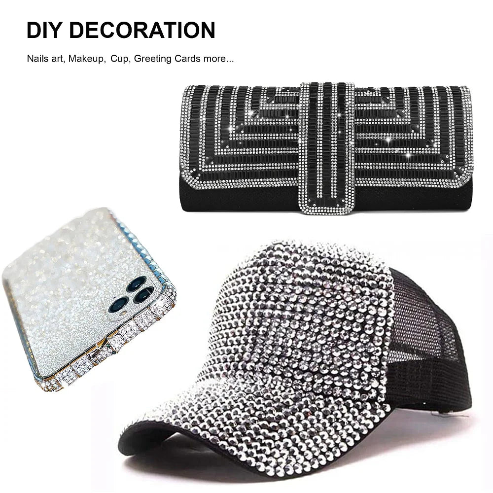 Black flatback rhinestone embellishment for nail art and crafts, shown alongside a studded baseball cap and a glittery phone 