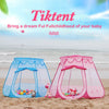 Pink and blue fabric play tents for babies and toddlers set on a sandy beach background