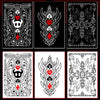 A collection of nine intricate black and white line art designs resembling poker cards.