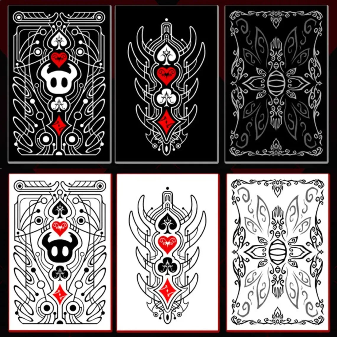 A collection of nine intricate black and white line art designs resembling poker cards.