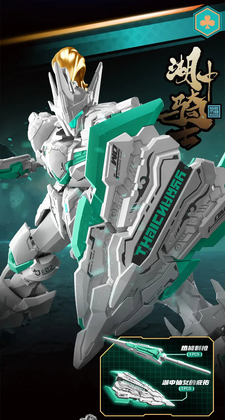 A detailed model kit of an Ancestral Effect Kai Tiger Lake Knight featuring white and teal armor components.