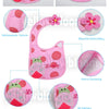 A set of colorful cotton baby feeding bibs with cartoon designs and waterproof backing shown in various angles.