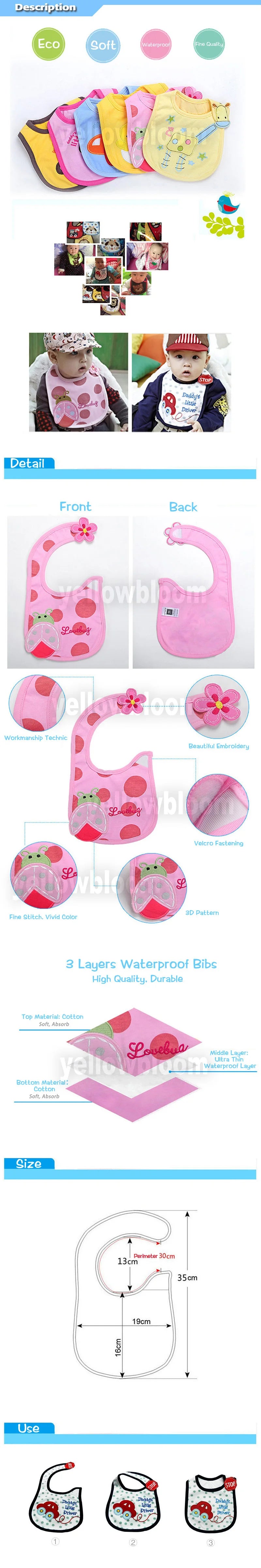 A set of colorful cotton baby feeding bibs with cartoon designs and waterproof backing shown in various angles.