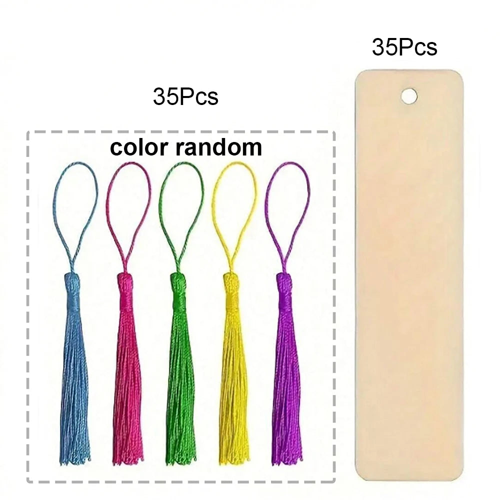 A set of 35 wooden blank bookmarks with random colors and tassels displayed in a grid.