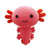 A pink axolotl plush toy with bright orange gills and a smiling face.