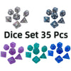 A set of 35 polyhedral dice in various colors and sizes, including d6s, d8s, d10s, and d12s.