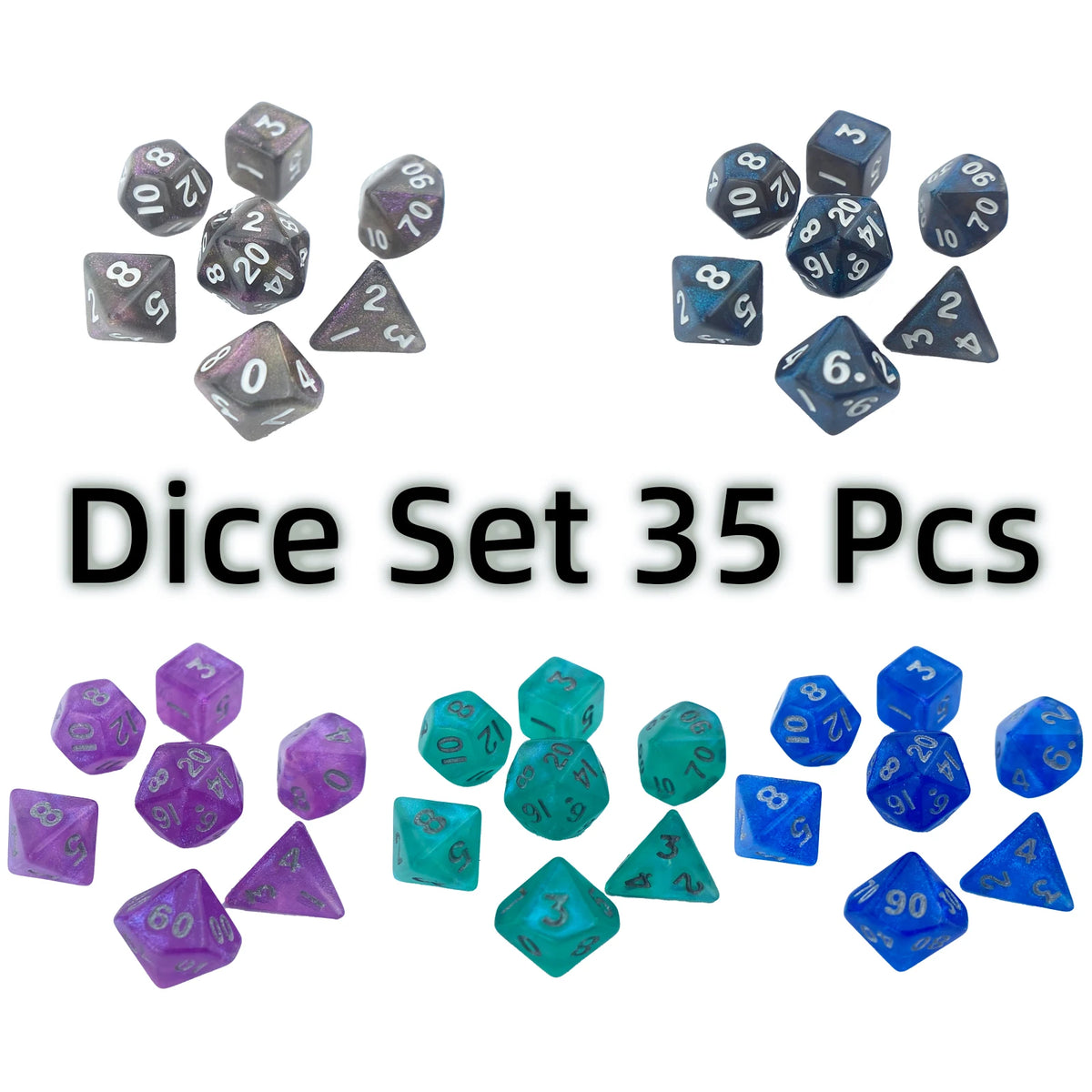A set of 35 polyhedral dice in various colors and sizes, including d6s, d8s, d10s, and d12s.