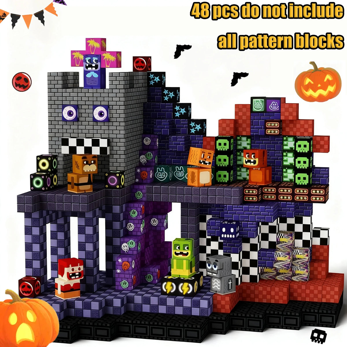 A set of magnetic building blocks depicting a castle structure with various colored and patterned pieces.