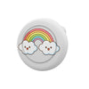 A round, white silicone pin holder featuring a rainbow design with clouds.