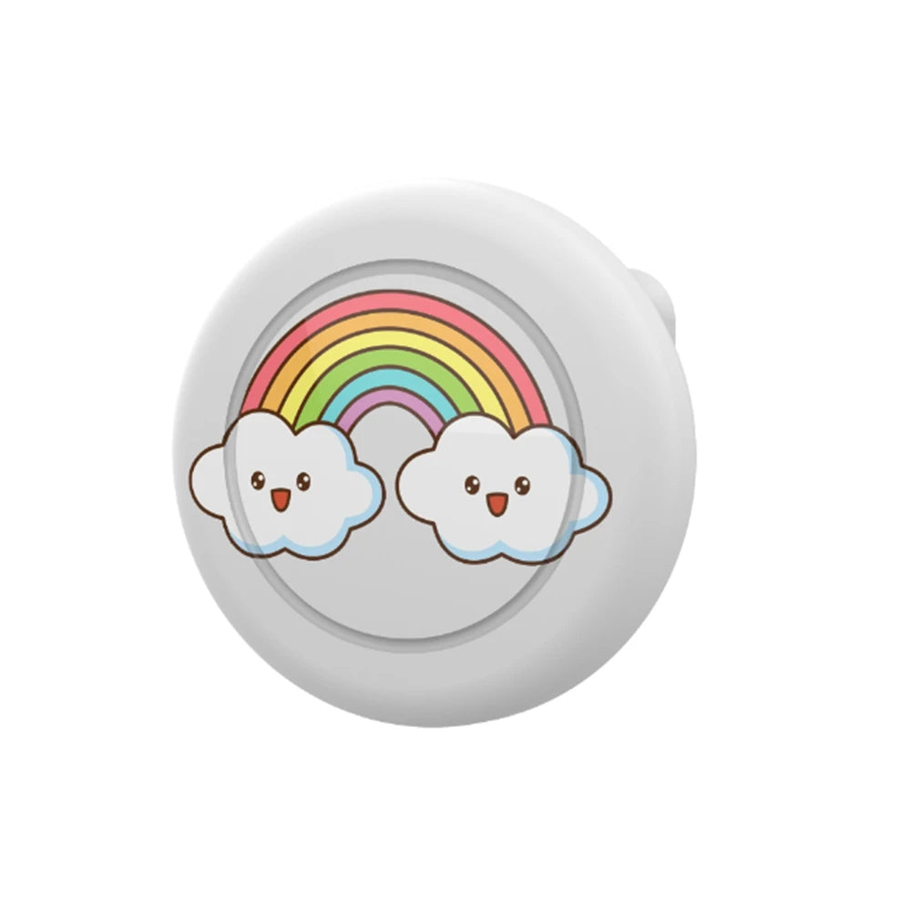 A round, white silicone pin holder featuring a rainbow design with clouds.