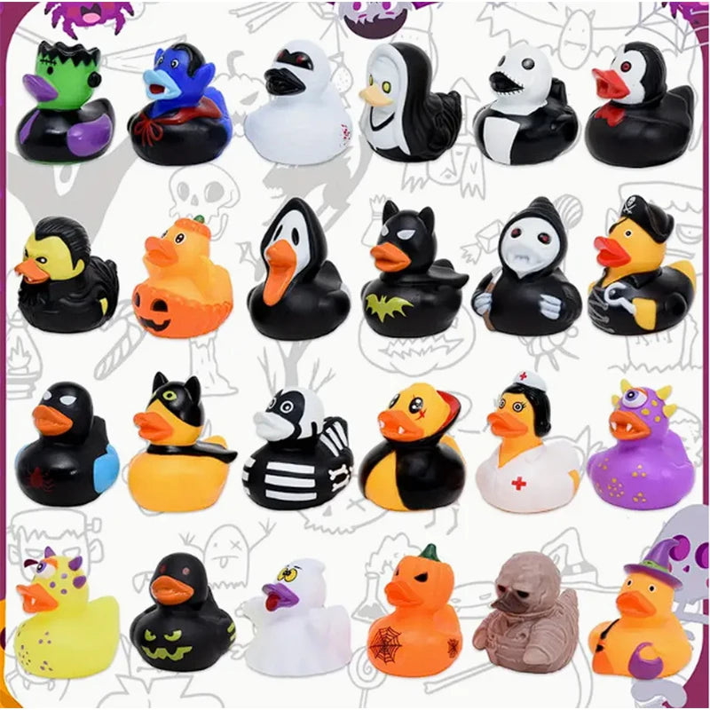 A collection of rubber ducks shaped like Halloween pumpkins in various colors and sizes.