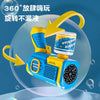 A blue and yellow electric bubble blower toy is shown rotating 360 degrees, demonstrating that it does not get stuck.
