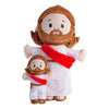 A plush toy depicting Jesus with a beard and hair, holding a smaller companion figure.