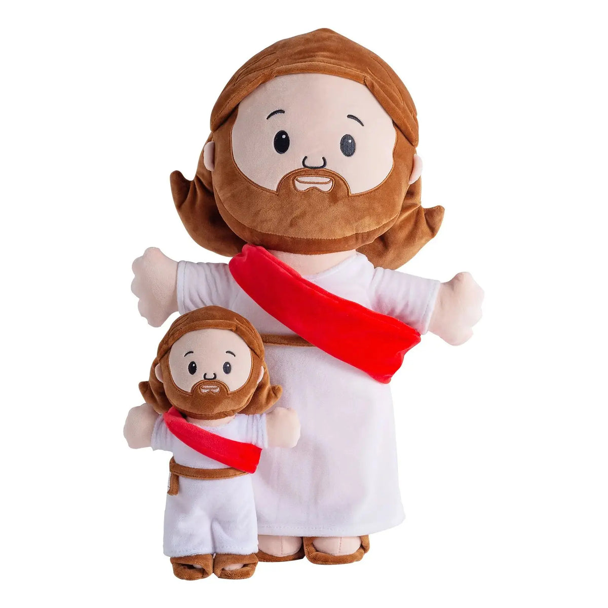 A plush toy depicting Jesus with a beard and hair, holding a smaller companion figure.