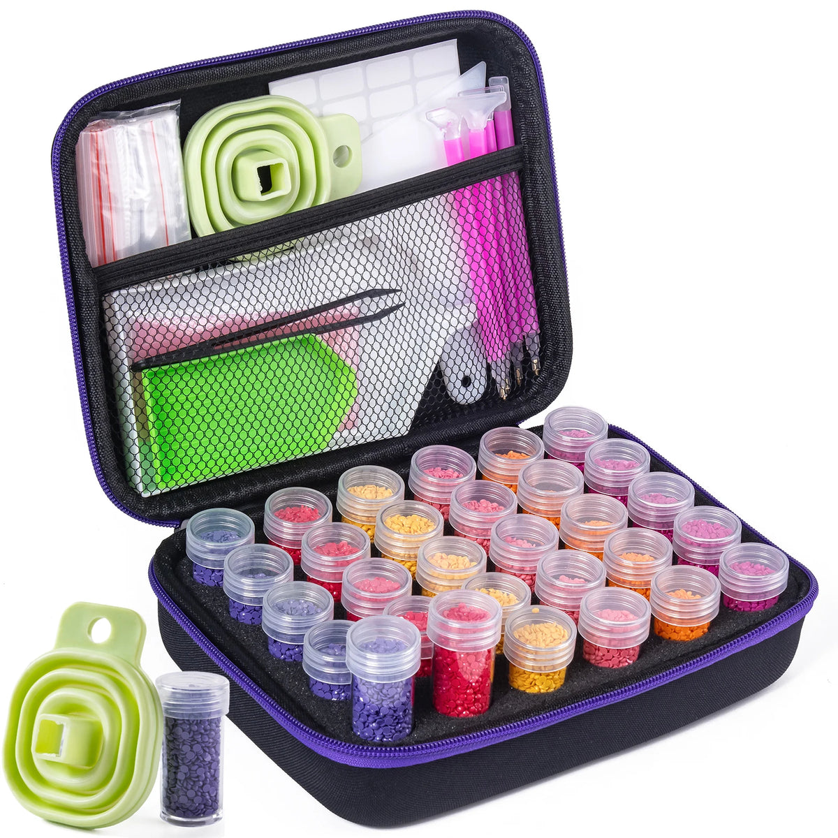 A black Diamond Art storage container with multiple organizer trays and tools for crafting supplies.