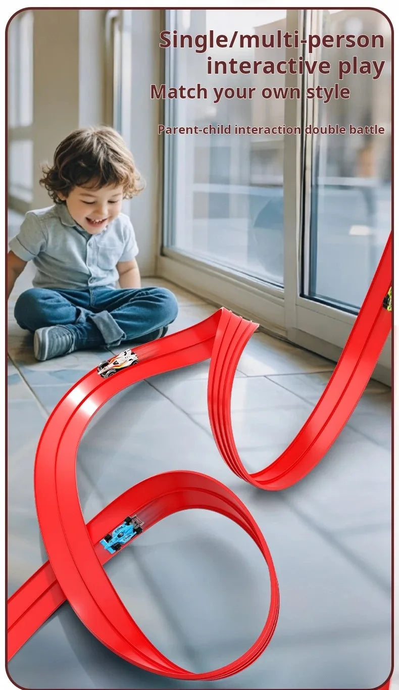 Red flexible track racing car set for single or multi-person interactive play