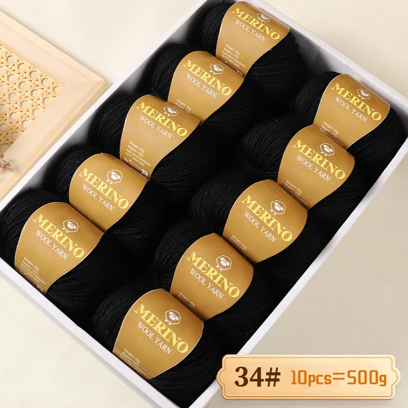 A box of Merino wool yarn balls labeled 34#, containing 10 pieces totaling 500g.