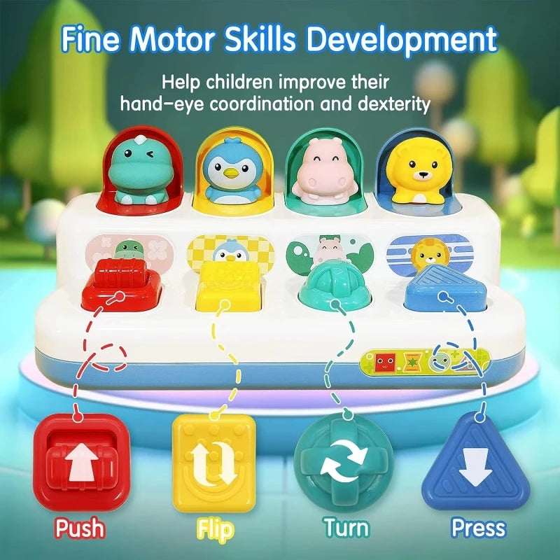 A set of colorful Montessori pop-up animal toys for toddlers featuring push, flip, turn, and press interactive features.