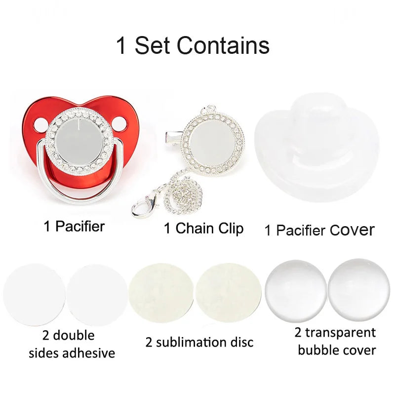 طقم مصاصات (pacifiers) مرصعة بالكريستال لتغذية المواليد الجدد، يتضمن مصاصة، ومشابك، وغطاء، وأقراص لاصقة.