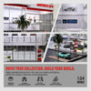 A two-story diorama display case featuring highly detailed 1:64 scale car models and figures.