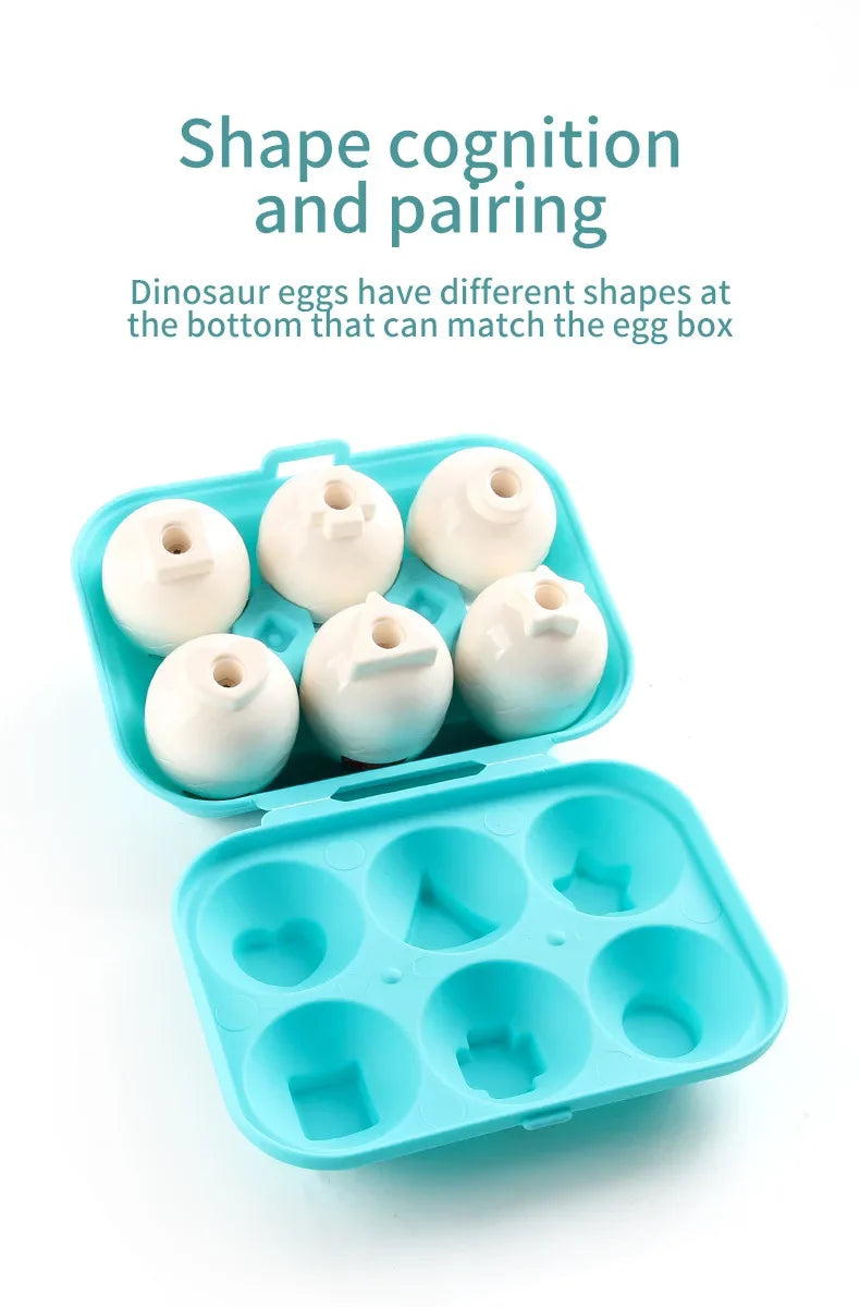 A set of dinosaur eggs with different bottom shapes designed to match an egg box for cognitive pairing.