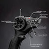 A black 2.4GHz multi-function remote controller for an RC car, showing various switches and a steering wheel.