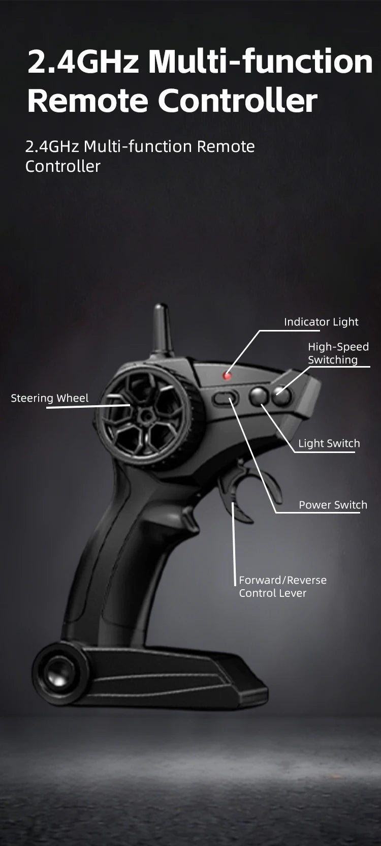 A black 2.4GHz multi-function remote controller for an RC car, showing various switches and a steering wheel.