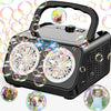 A black automatic bubble machine with dual fans and LED lights surrounded by floating soap bubbles.