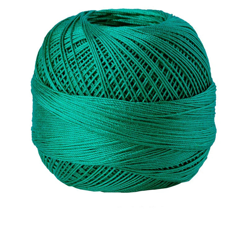 A ball of bright teal green crochet thread used for tatting and embroidery.